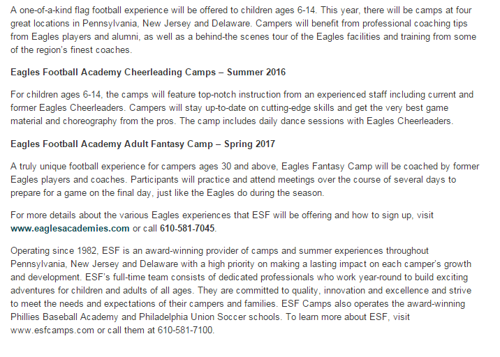 ESF Camps Announces Partnership with The Philadelphia Eagles - ESF